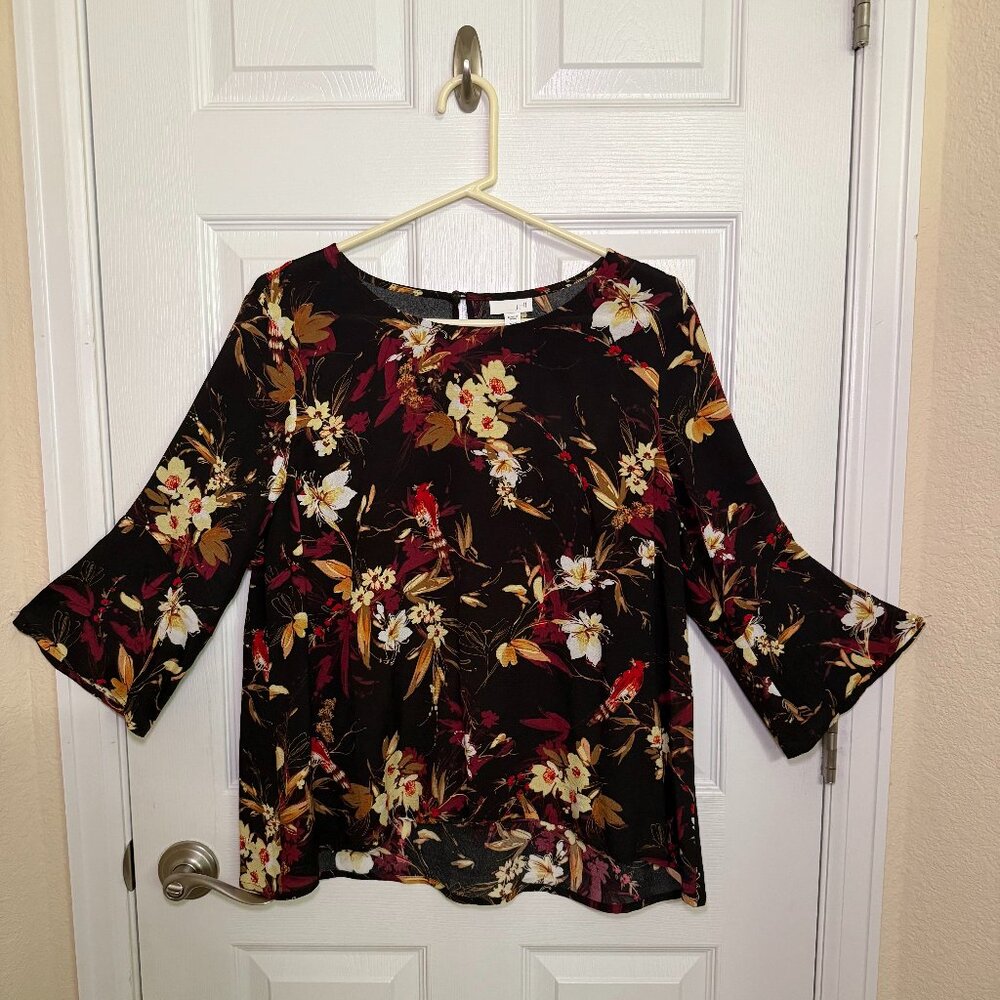 J. Jill 3/4 Sleeve Floral/Bird Print Rayon Blouse • Petite Large